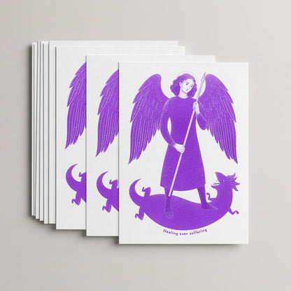 Purple St Raphael the Archangel card set, stack of 10 flat 5 × 7 cards