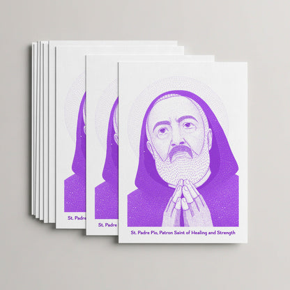 Purple St Padre Pio card set, stack of 10 flat 5 × 7 cards