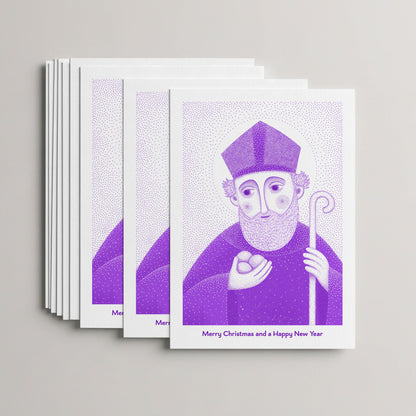 Purple St Nicholas of Myra Christmas card set, stack of 10 flat 5 × 7 cards