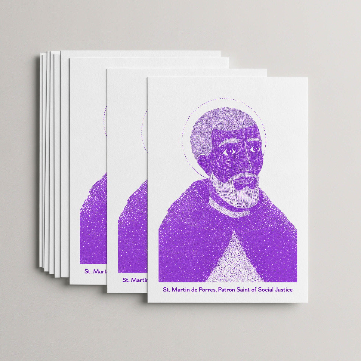 Purple St Martin de Porres card set, stack of 10 flat 5 × 7 cards