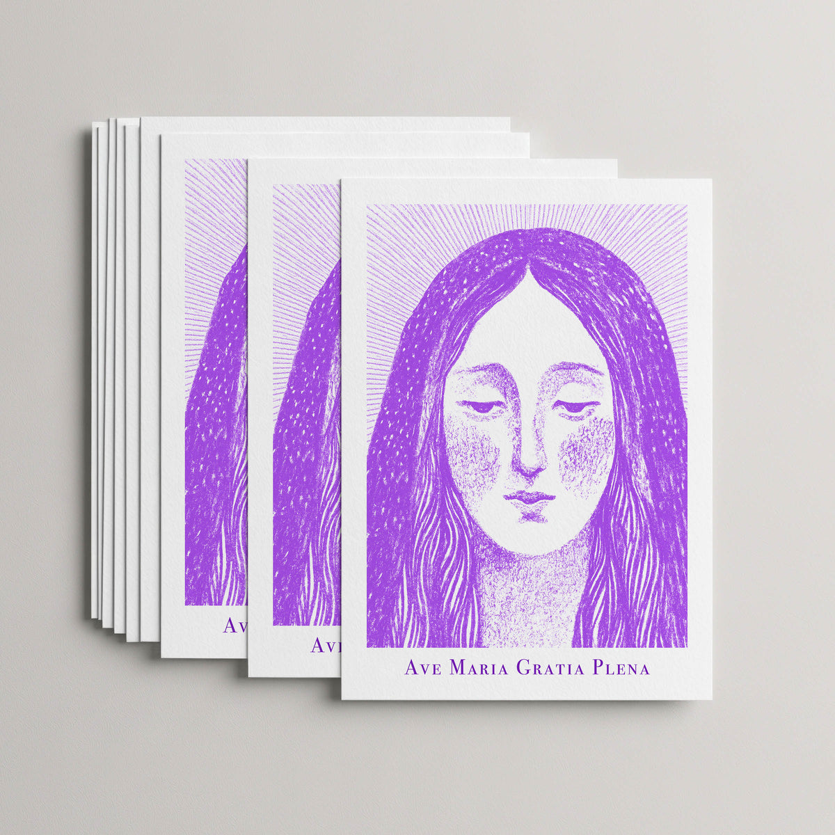 Purple Virgin Mary card set, stack of 10 flat 5 × 7 cards