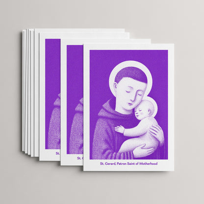 Purple St Gerard Majella card set, stack of 10 flat 5 × 7 cards