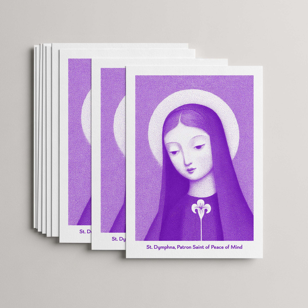 Purple St Dymphna card set, stack of 10 flat 5 × 7 cards