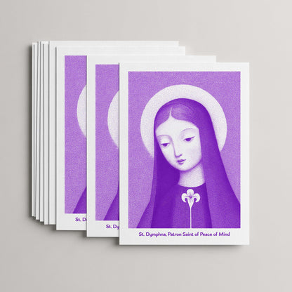 Purple St Dymphna card set, stack of 10 flat 5 × 7 cards