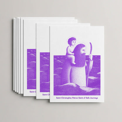 Purple St Christopher card set, stack of 10 flat 5 × 7 cards