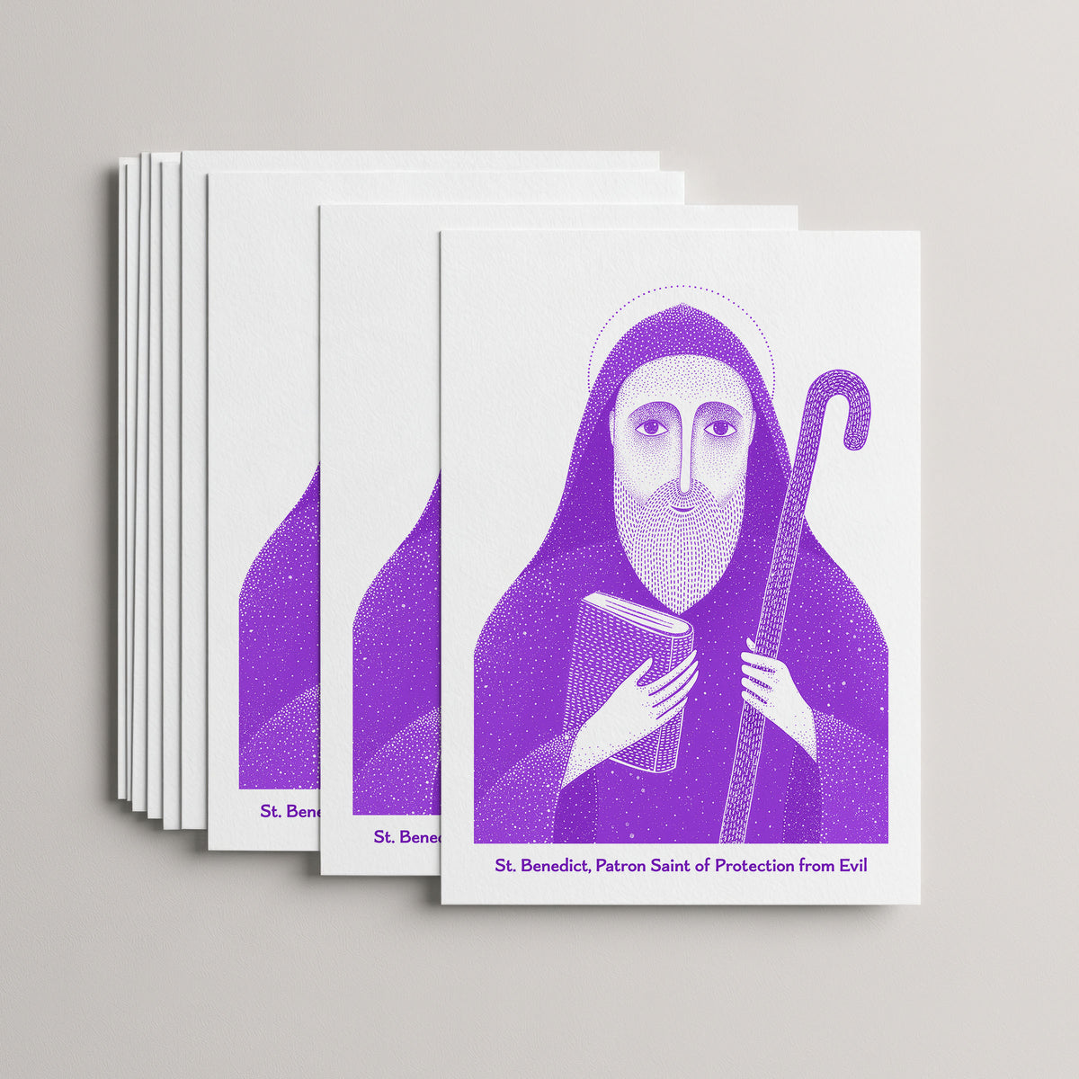 Purple St Benedict card set, stack of 10 flat 5 × 7 cards