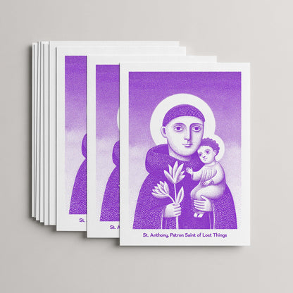 Purple St Anthony card set, stack of 10 flat 5 × 7 cards with the Child Jesus