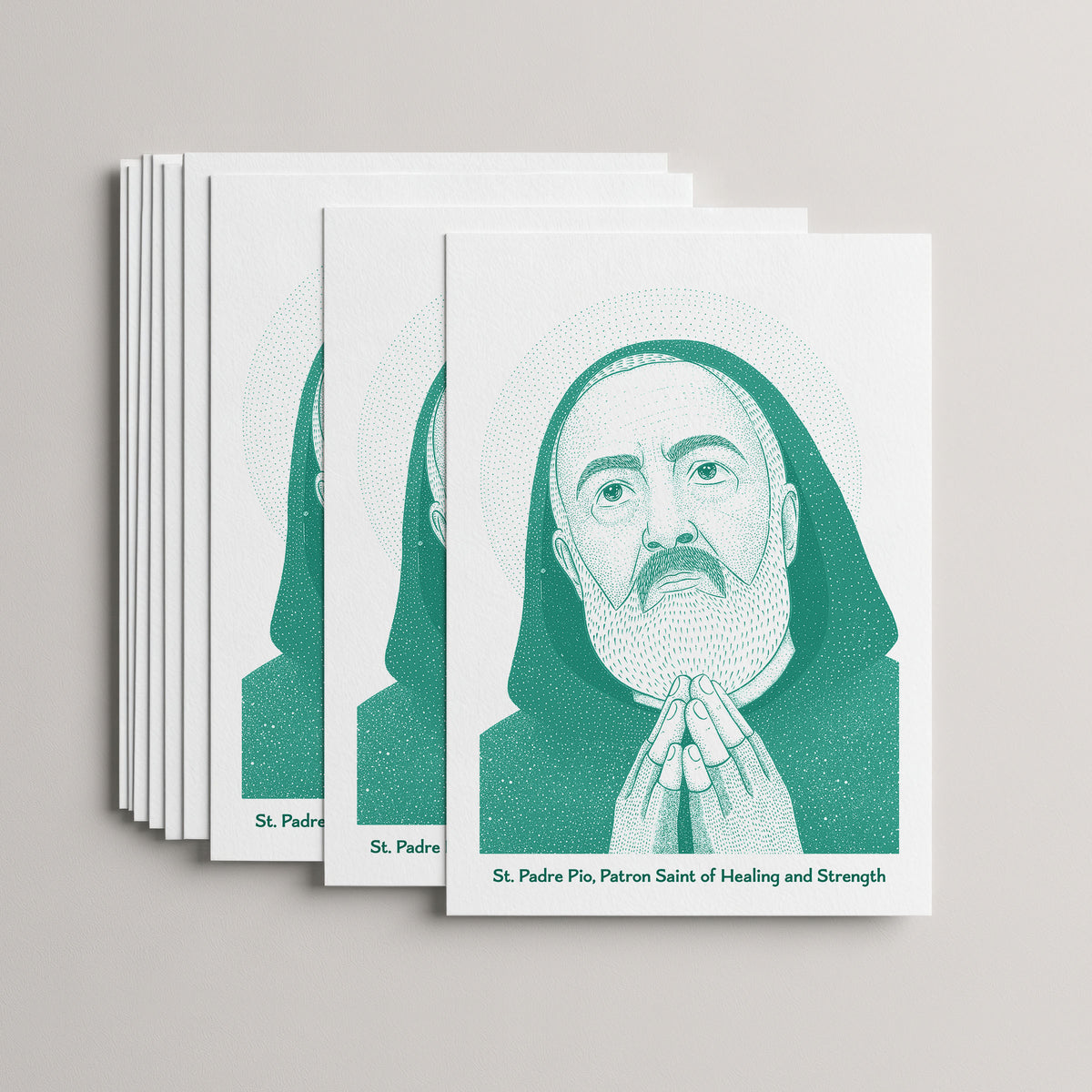 Teal St Padre Pio card set, stack of 10 flat 5 × 7 cards
