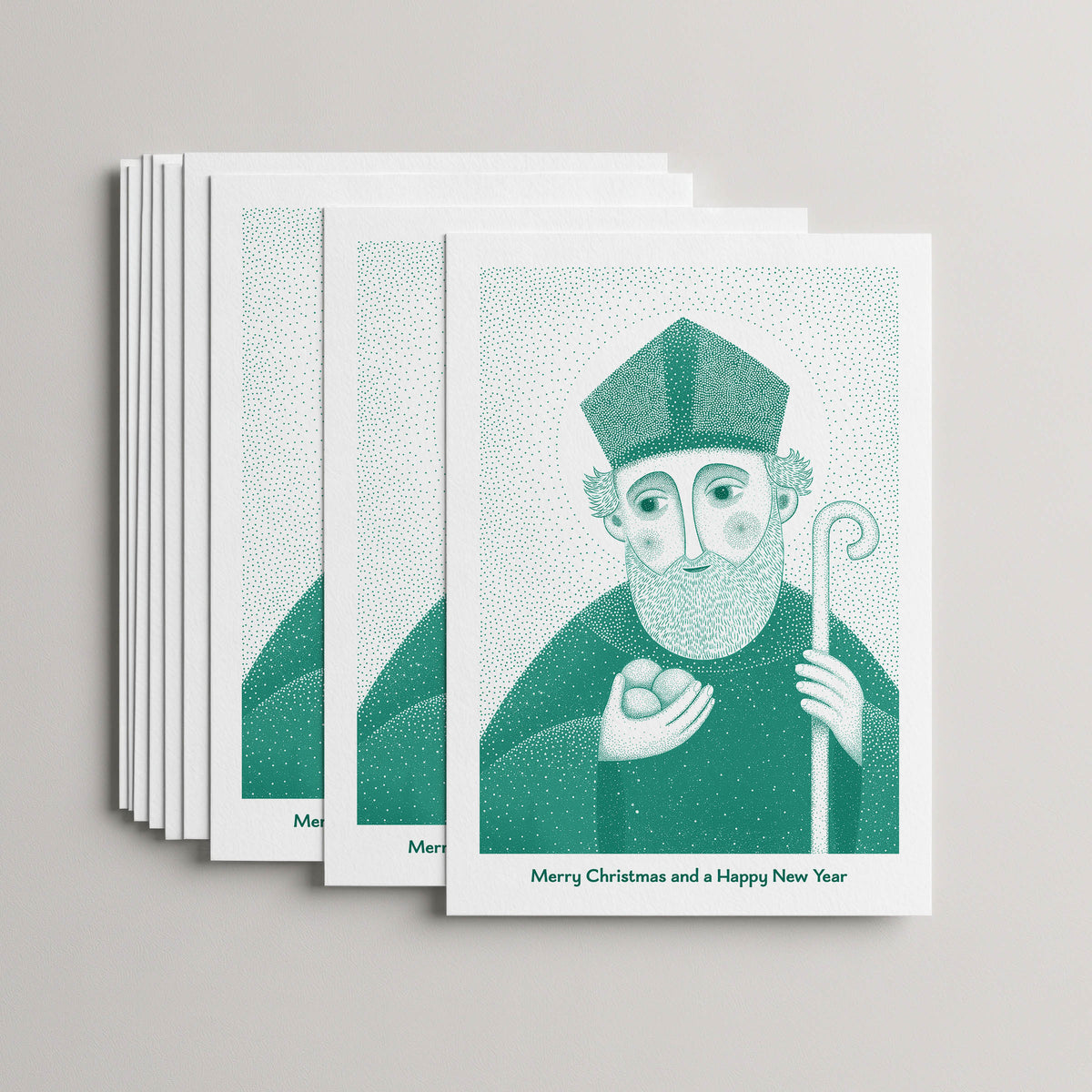 Teal St Nicholas of Myra Christmas card set, stack of 10 flat 5 × 7 cards