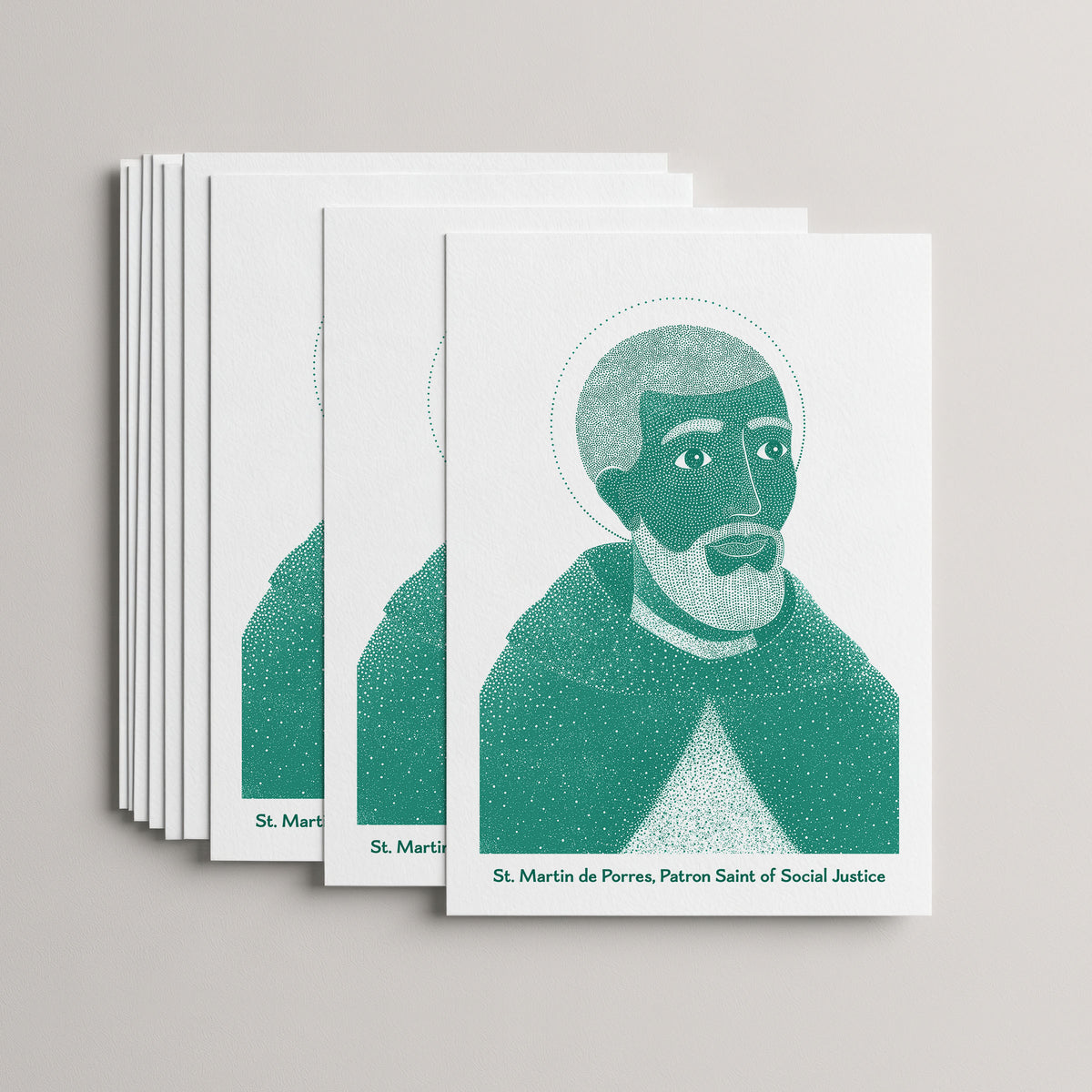Teal St Martin de Porres card set, stack of 10 flat 5 × 7 cards