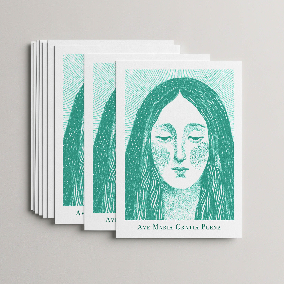 Teal Virgin Mary card set, stack of 10 flat 5 × 7 cards