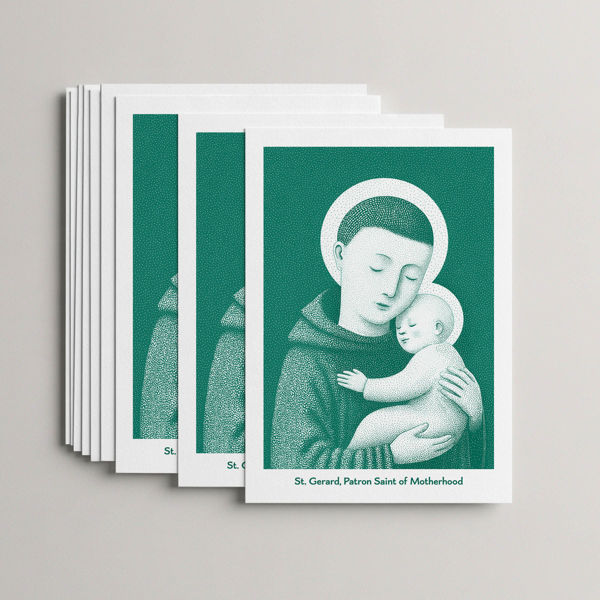 Teal St Gerard Majella card set, stack of 10 flat 5 × 7 cards