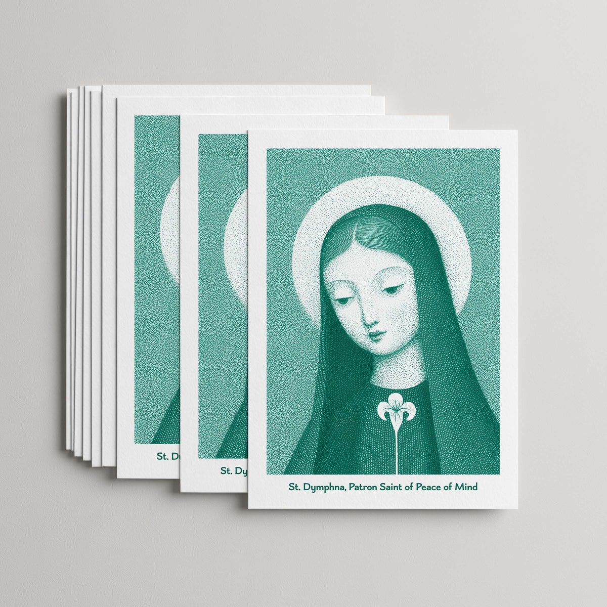 Teal St Dymphna card set, stack of 10 flat 5 × 7 cards