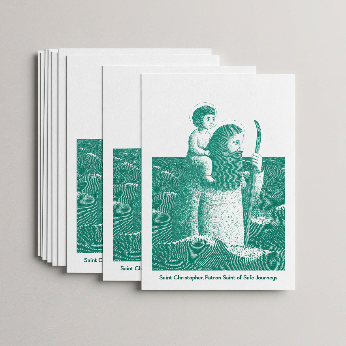Teal St Christopher card set, stack of 10 flat 5 × 7 cards