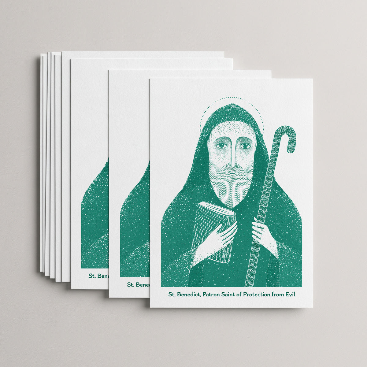 Teal St Benedict card set, stack of 10 flat 5 × 7 cards
