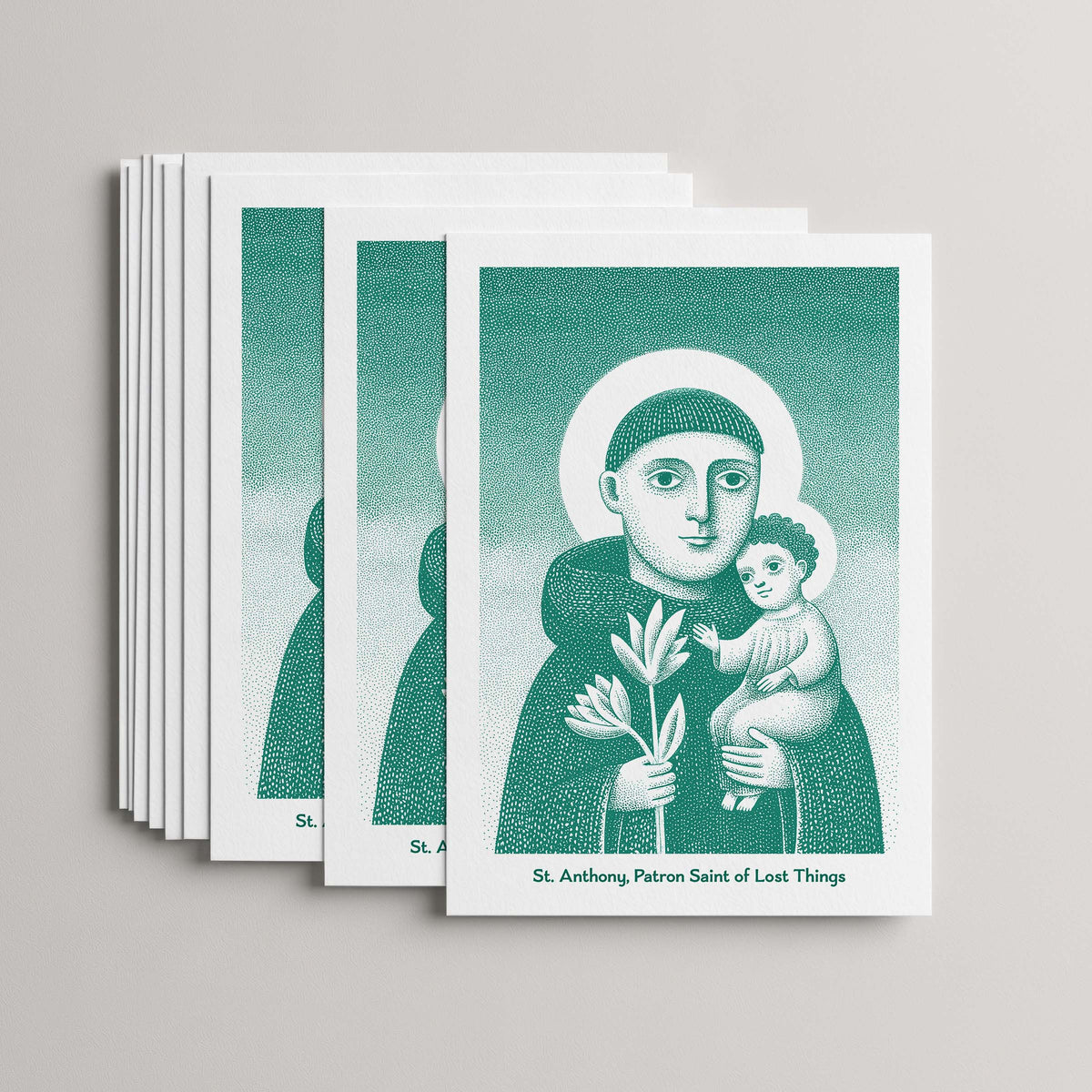 Teal St Anthony card set, stack of 10 flat 5 × 7 cards with the Child Jesus