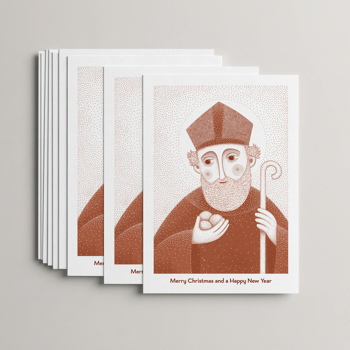 Terracotta St Nicholas of Myra Christmas card set, stack of 10 flat 5 × 7 cards