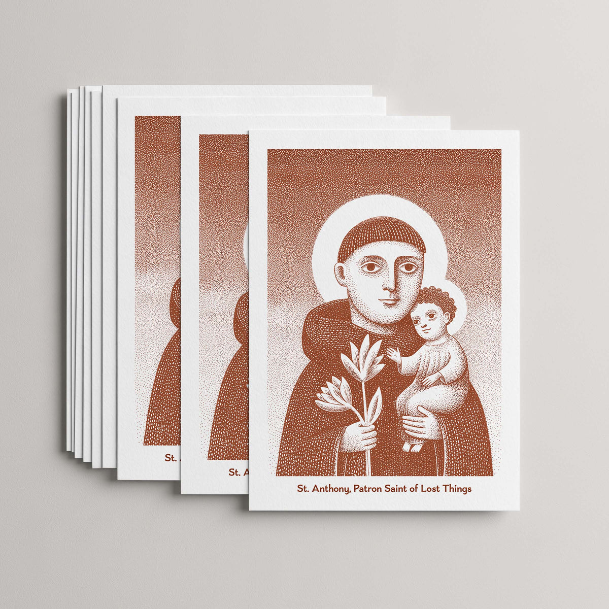 Terracotta St Anthony card set, stack of 10 flat 5 × 7 cards with the Child Jesus