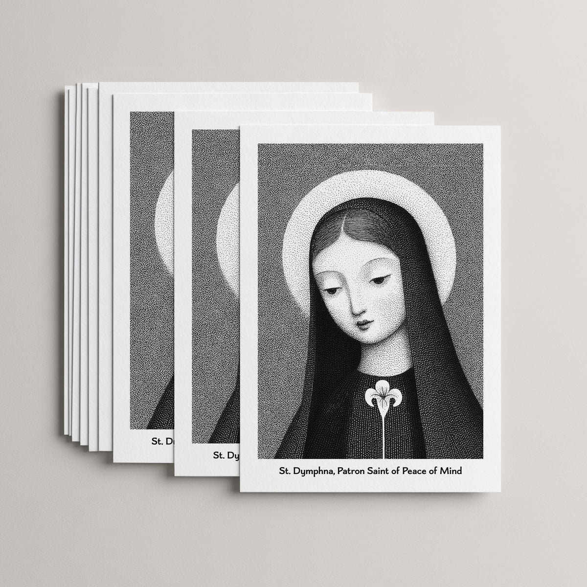 Black St Dymphna card set, stack of 10 flat 5 × 7 cards