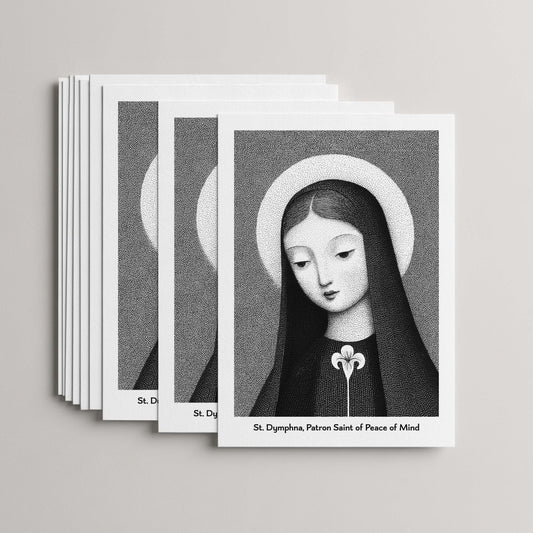 Black St Dymphna card set, stack of 10 flat 5 × 7 cards