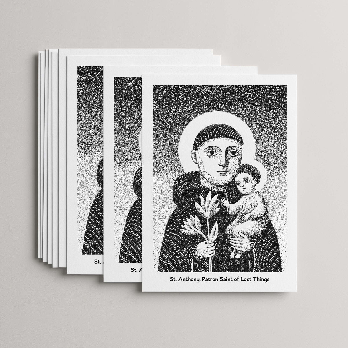 Black St Anthony card set, stack of 10 flat 5 × 7 cards with the Child Jesus