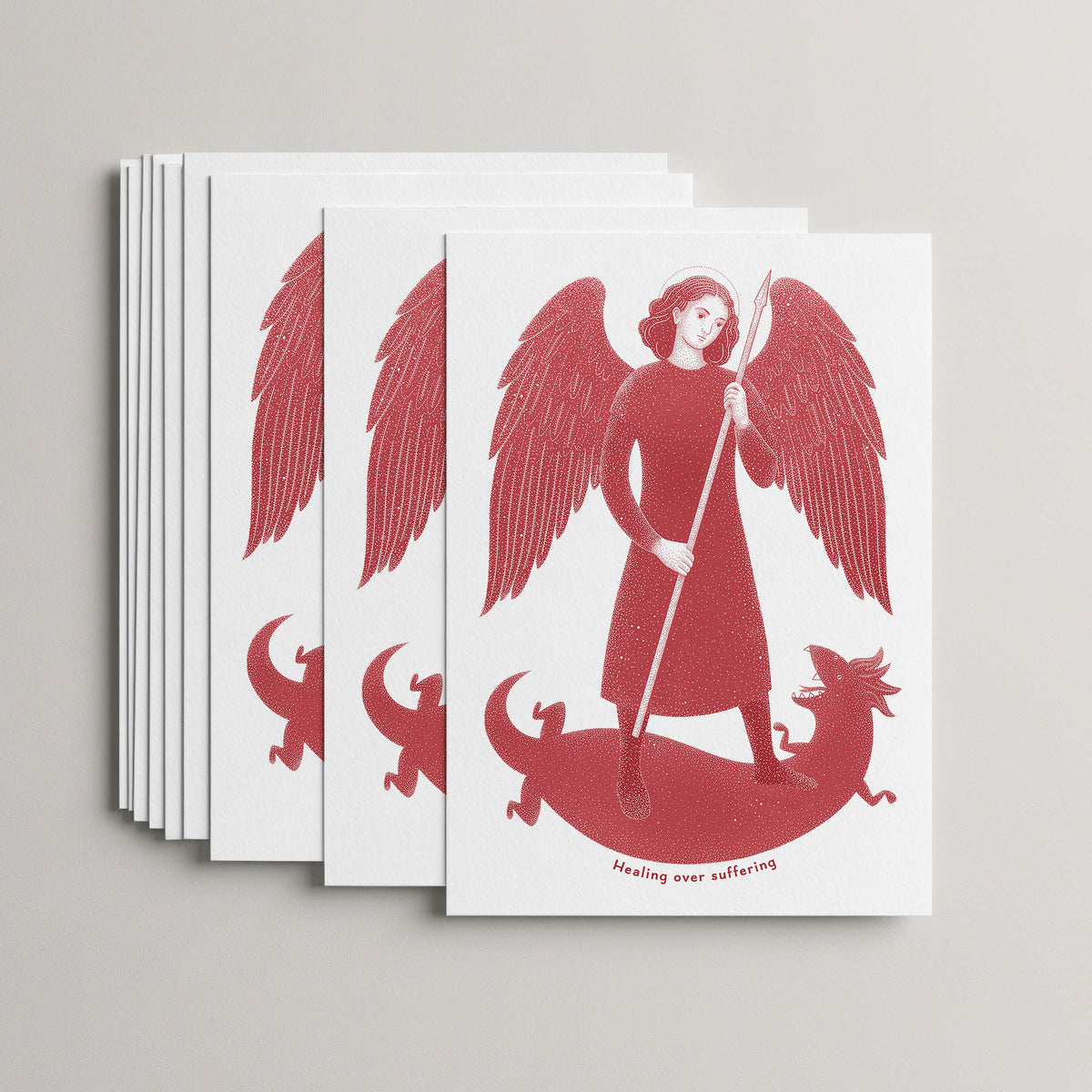 Red St Raphael the Archangel card set, stack of 10 flat 5 × 7 cards