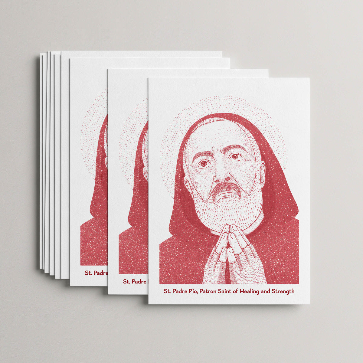 Red St Padre Pio card set, stack of 10 flat 5 × 7 cards