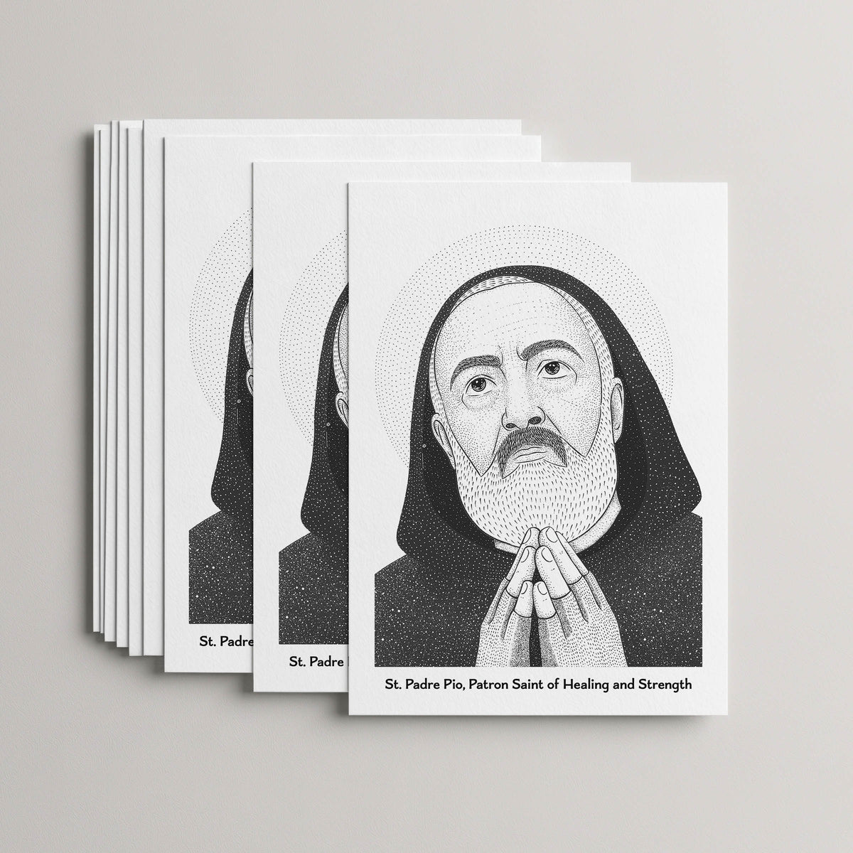 Black St Padre Pio card set, stack of 10 flat 5 × 7 cards