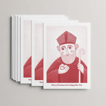 Red St Nicholas of Myra Christmas card set, stack of 10 flat 5 × 7 cards