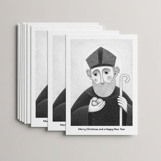 Black St Nicholas of Myra Christmas card set, stack of 10 flat 5 × 7 cards