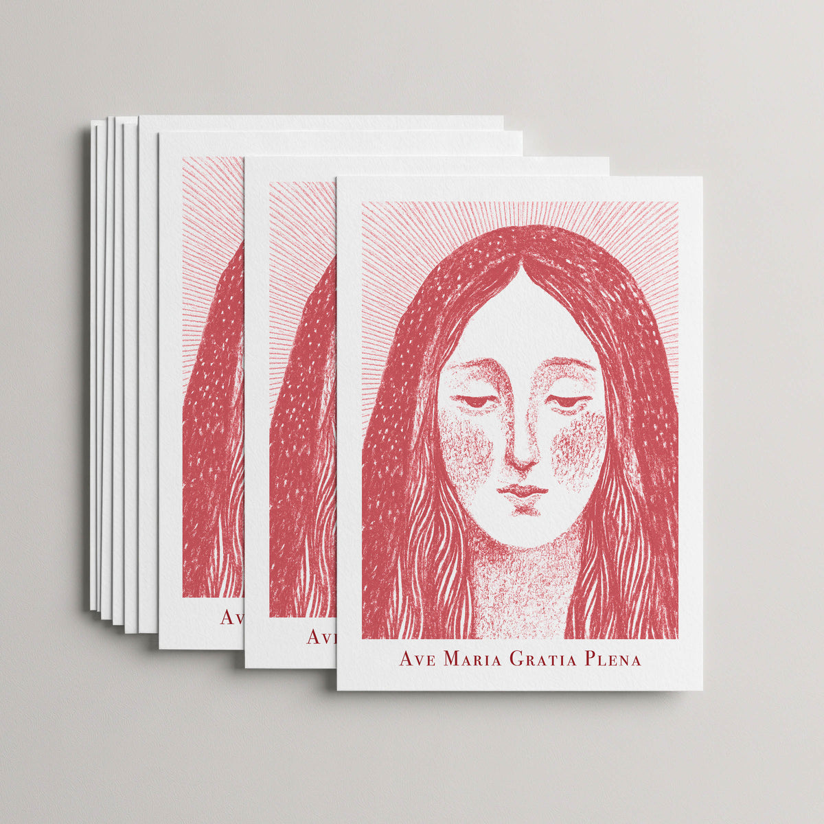 Red Virgin Mary card set, stack of 10 flat 5 × 7 cards