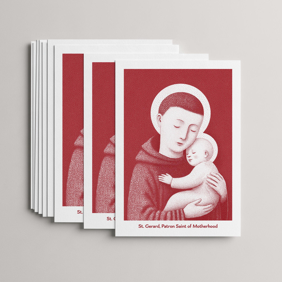Red St Gerard Majella card set, stack of 10 flat 5 × 7 cards