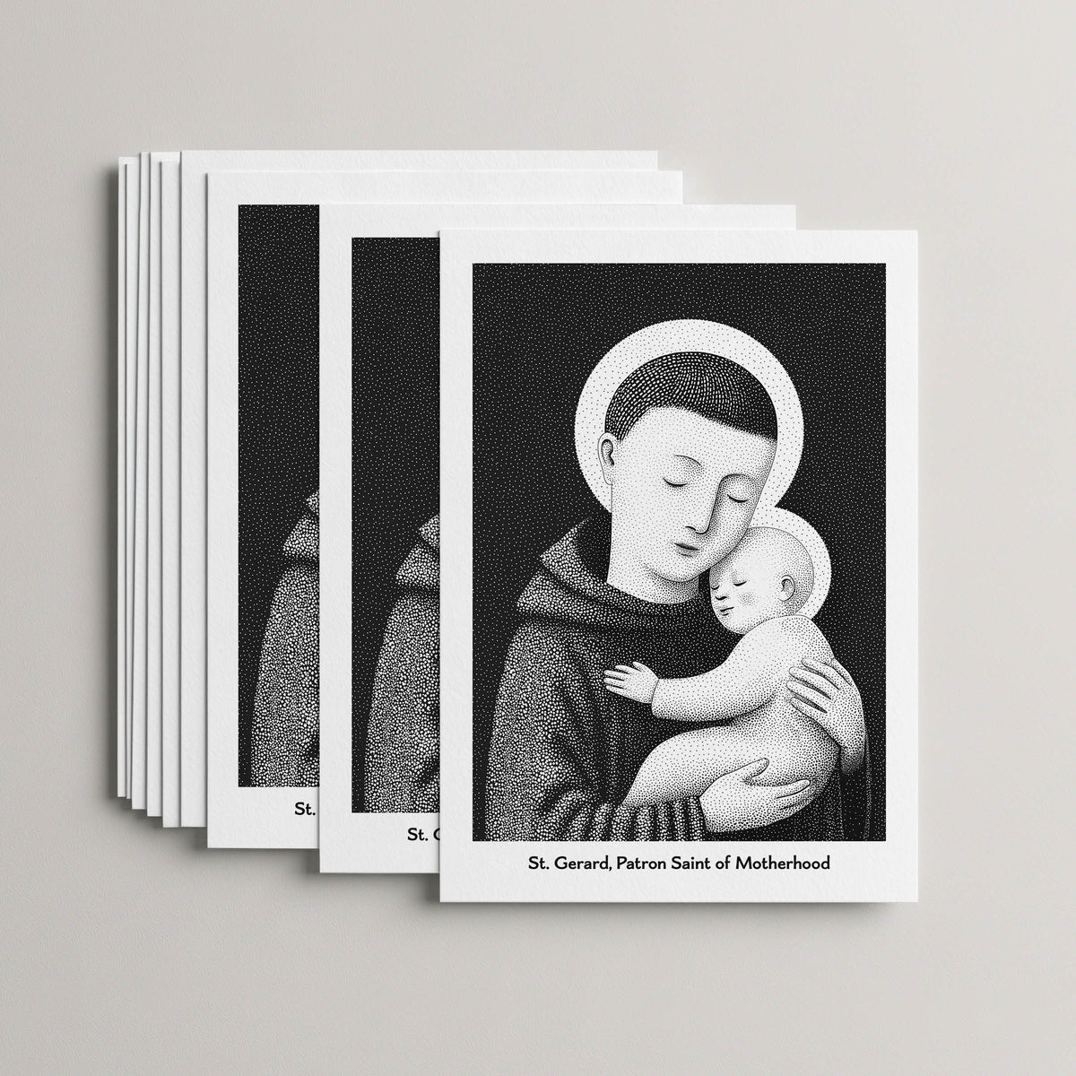 Black St Gerard Majella card set, stack of 10 flat 5 × 7 cards