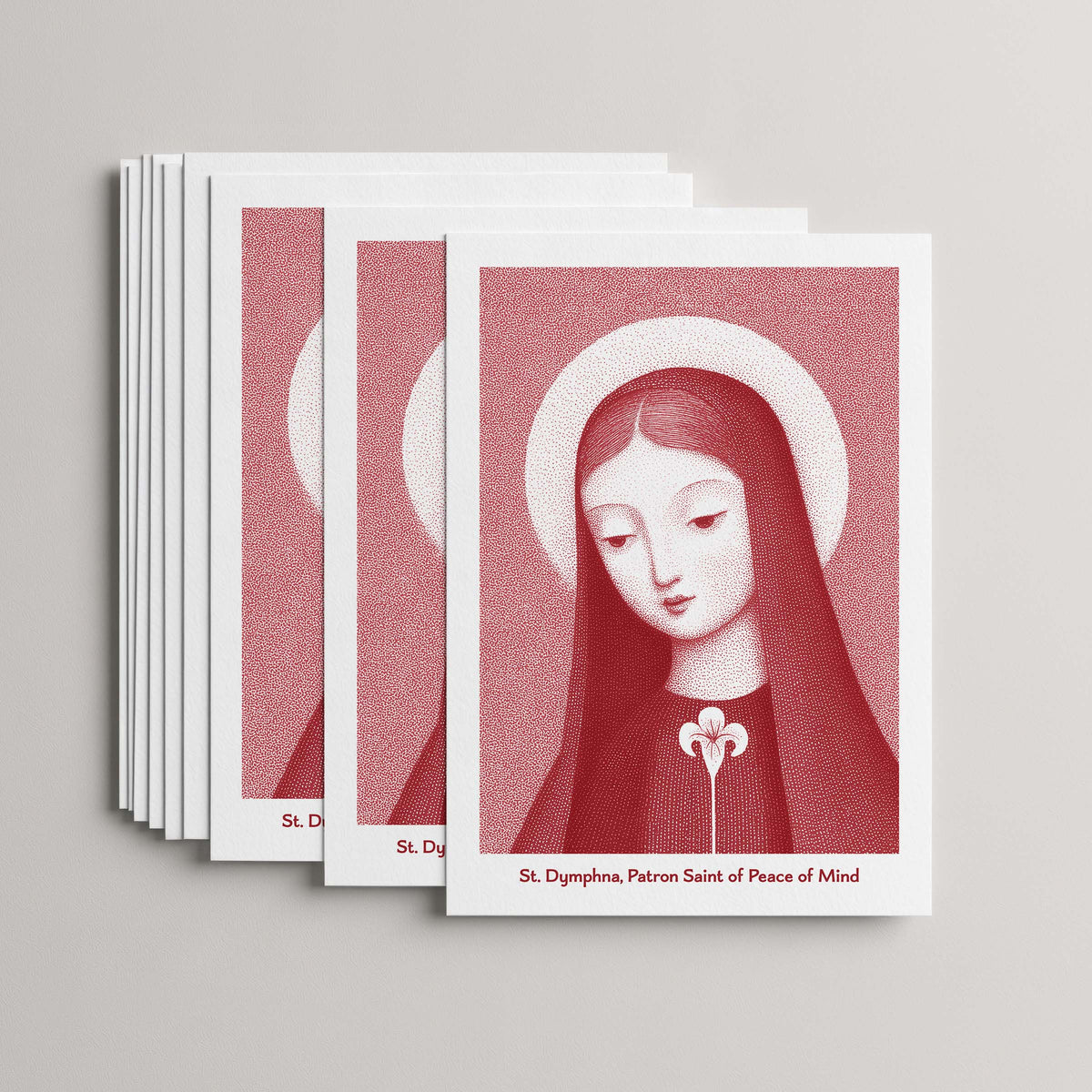 Red St Dymphna card set, stack of 10 flat 5 × 7 cards