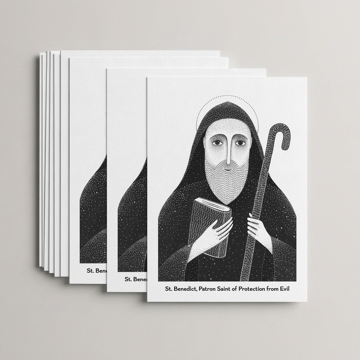 Black St Benedict card set, stack of 10 flat 5 × 7 cards