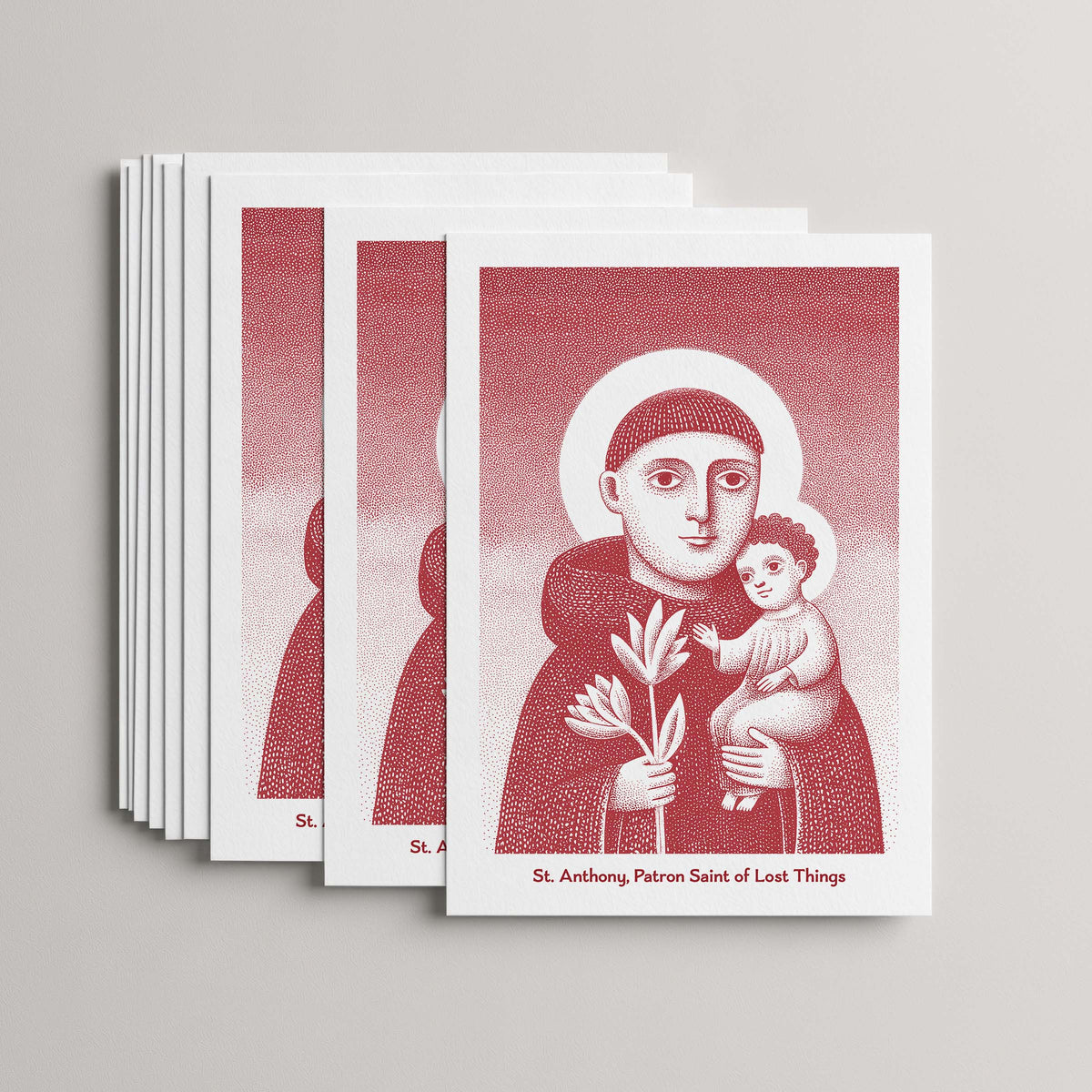 Red St Anthony card set, stack of 10 flat 5 × 7 cards with the Child Jesus
