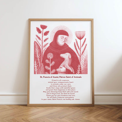 St Francis with Dog Art Print - Red physical art print mockup