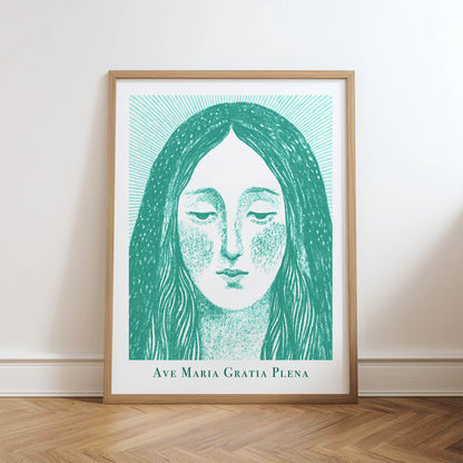 Virgin Mary Art Print - Teal physical art print mockup