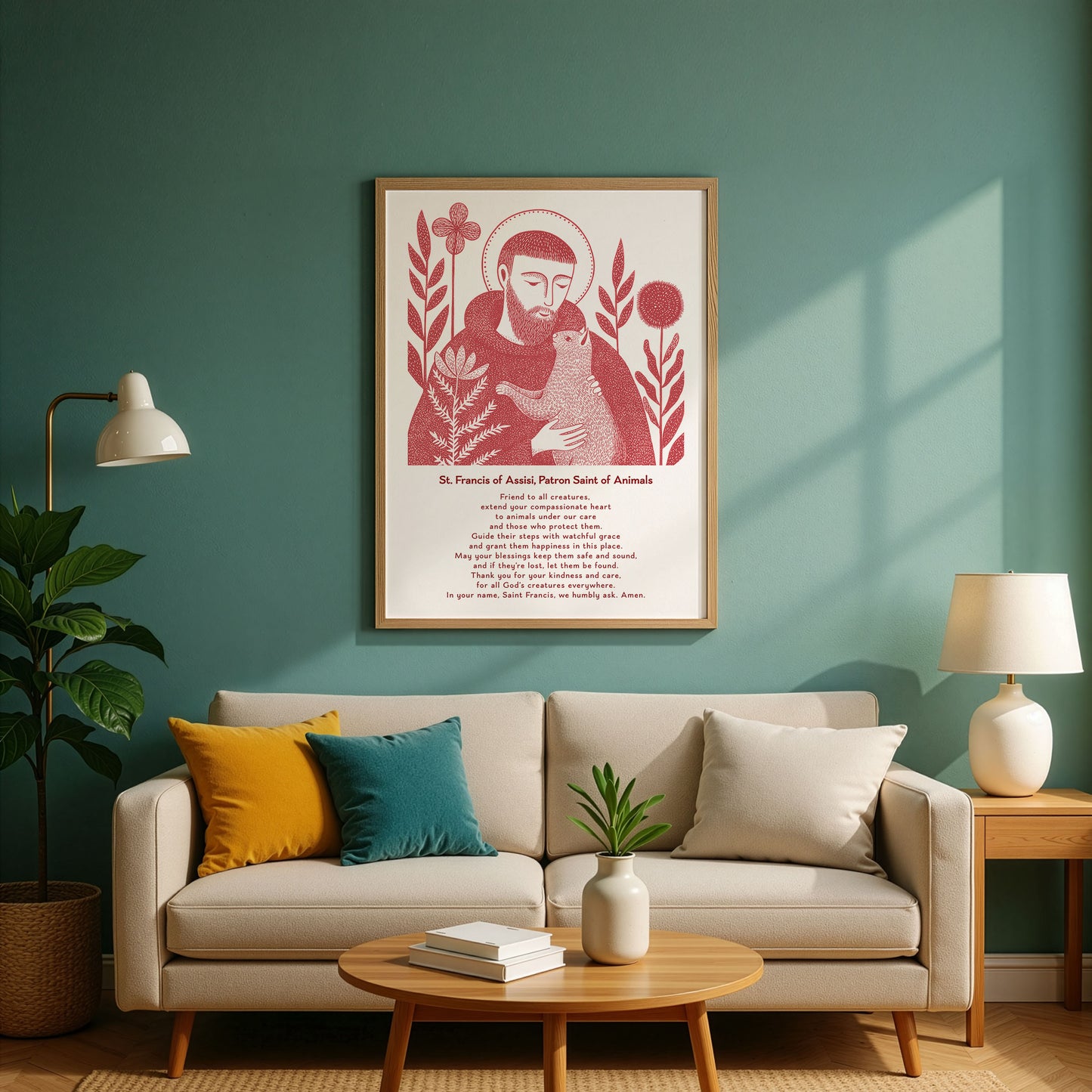 St Francis with Cat Art Print - Red interior mockup 03 - p_10_franc_cat_0002_Layer 2