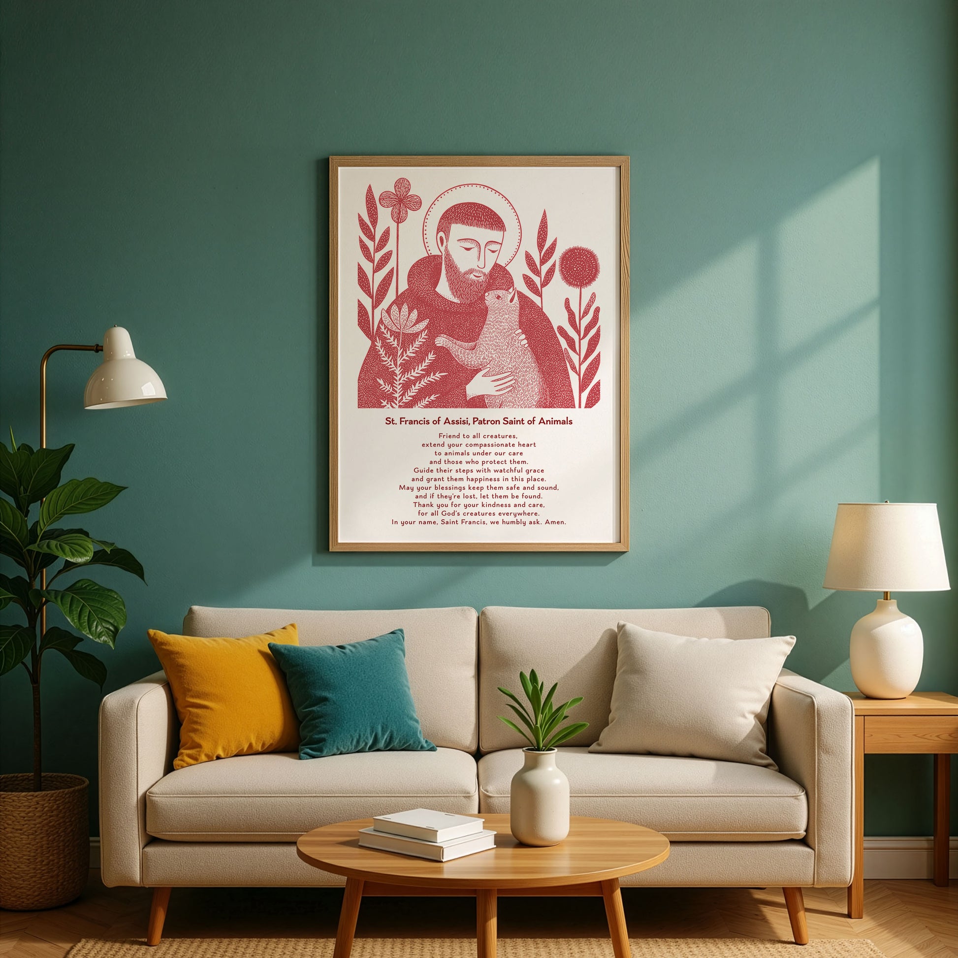 St Francis with Cat Art Print - Red interior mockup 03 - p_10_franc_cat_0002_Layer 2