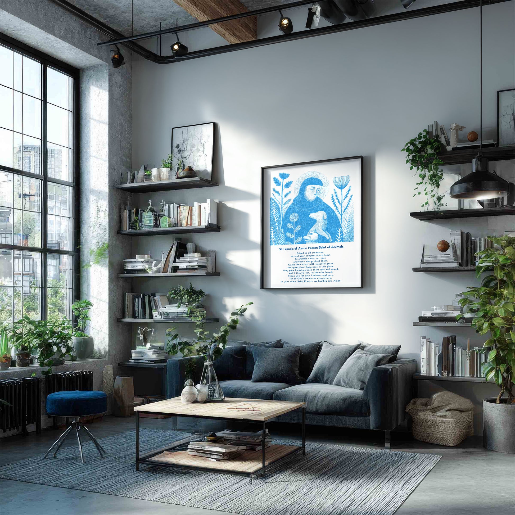 St Francis with Dog Art Print - Deep Blue interior mockup 05 - p_16_franc_dog_0002_Layer 3