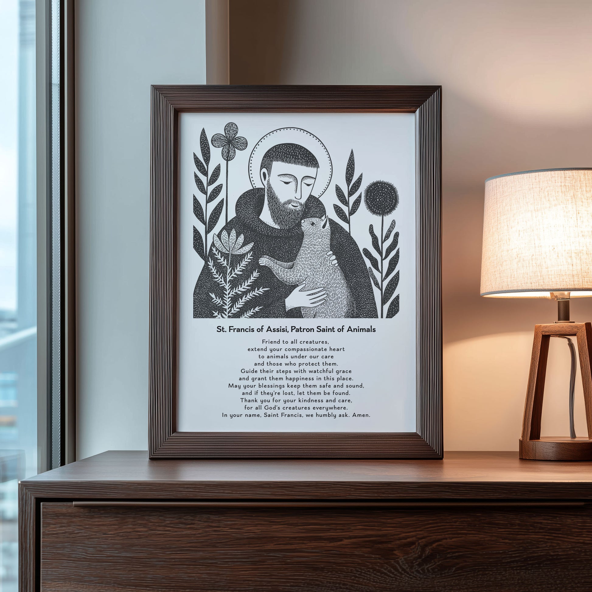 St Francis with Cat Art Print - Black interior mockup 09 - p_22_franc_cat_0000_Layer 10