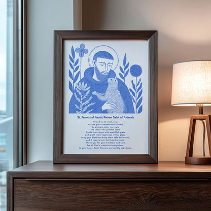 St Francis with Cat Art Print - Blue interior mockup 09 - p_22_franc_cat_0001_Layer 9