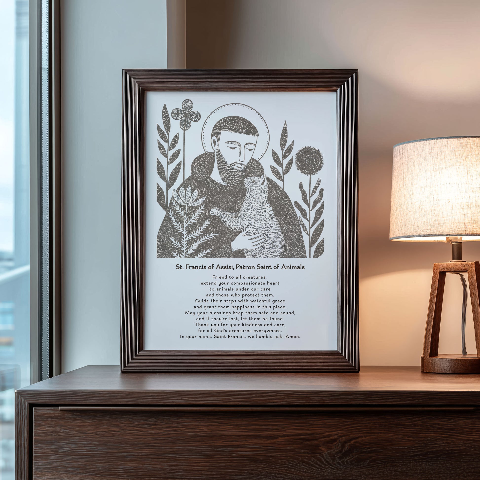 St Francis with Cat Art Print - Brown interior mockup 10 - p_22_franc_cat_0003_Layer 7