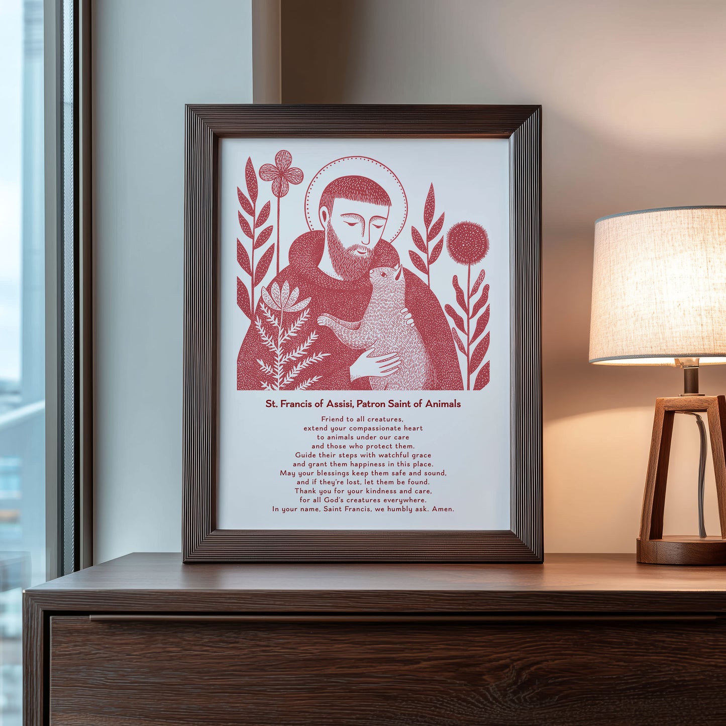 St Francis with Cat Art Print - Red interior mockup 10 - p_22_franc_cat_0007_Layer 3