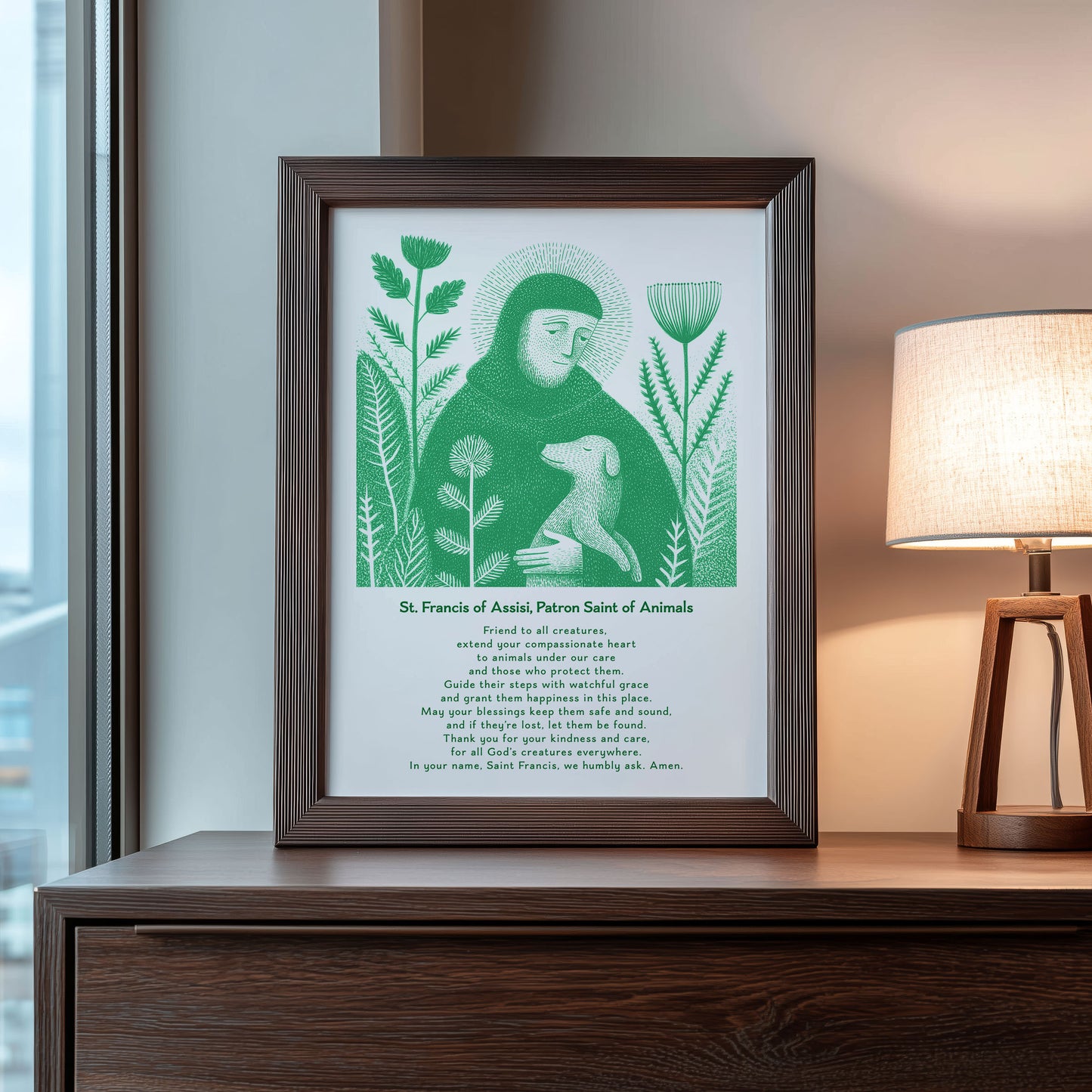 St Francis with Dog Art Print - Green interior mockup 09 - p_22_franc_dog_0004_Layer 6
