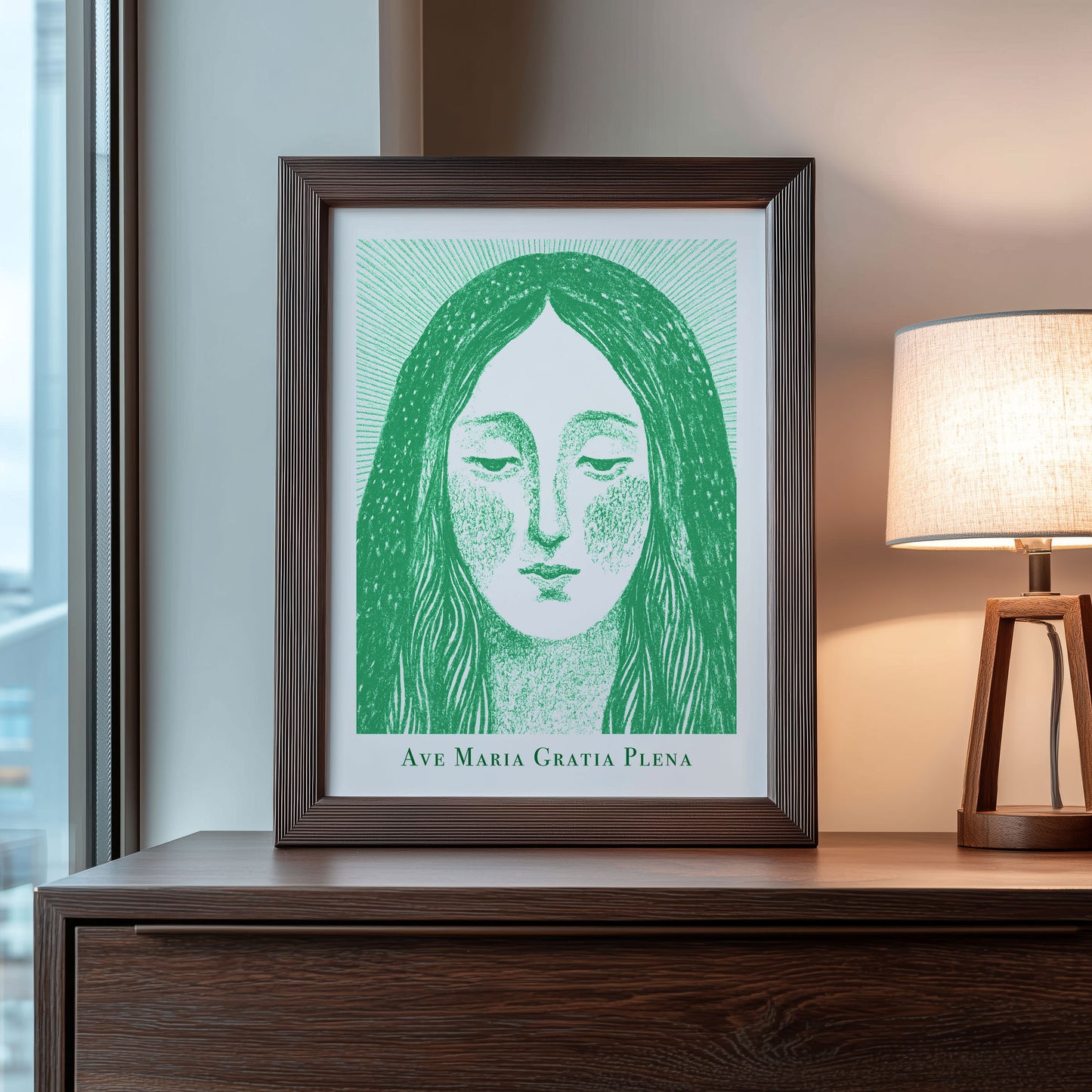 Virgin Mary Art Print - Green interior mockup 08 - p_22_maria_0004_Layer 6