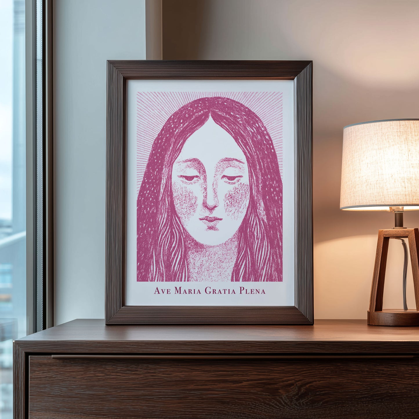 Virgin Mary Art Print - Pink interior mockup 08 - p_22_maria_0005_Layer 5