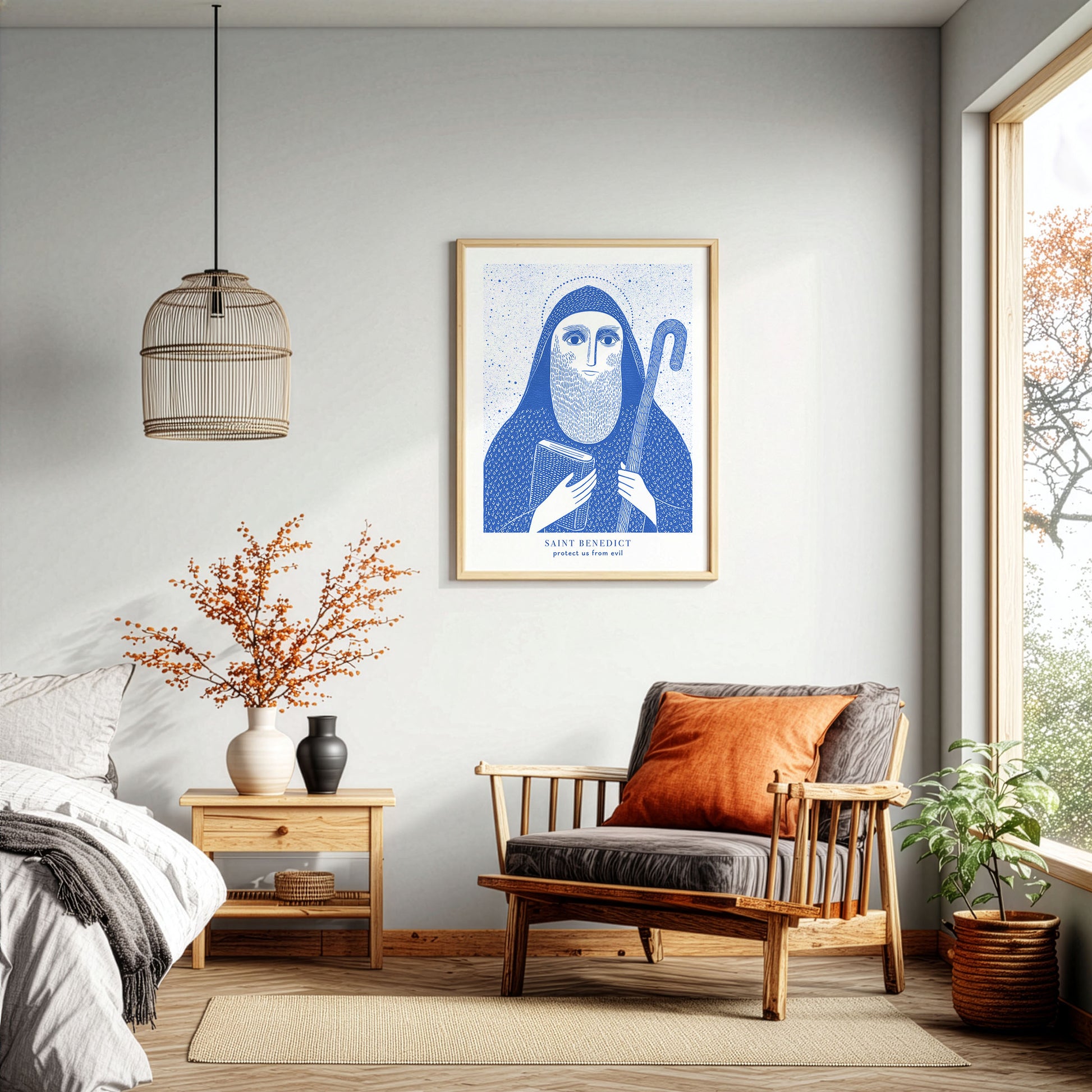 St Benedict Art Print - Blue interior mockup 03 - p_33_brown_chair_0000_Layer 5