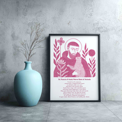 St Francis with Cat Art Print - Pink interior mockup 12 - p_3_franc_cat_0000_Layer 2
